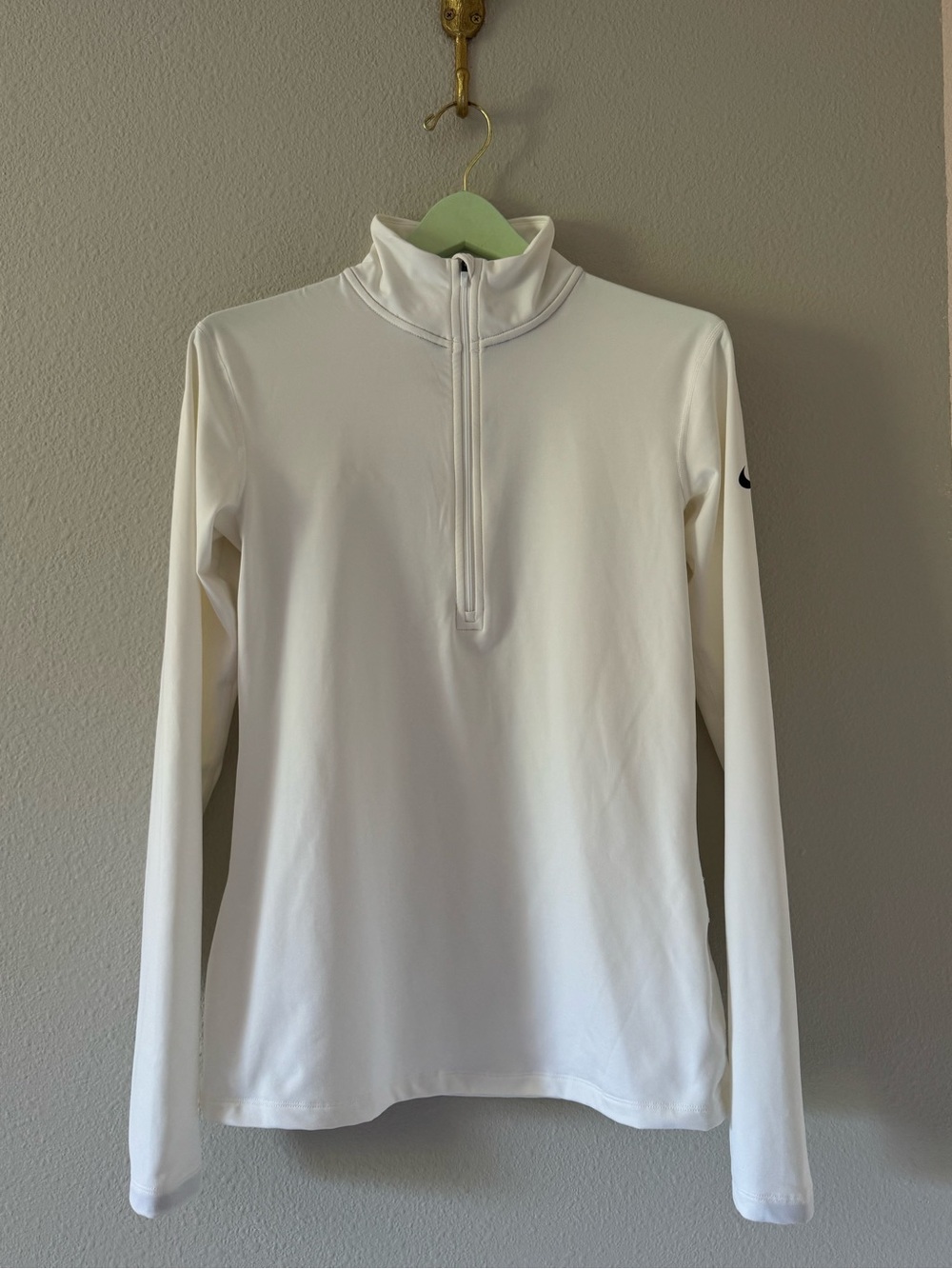 Nike Dri Fit Large White 1/4 Zip Running Top Thumbholes Long Sleeve